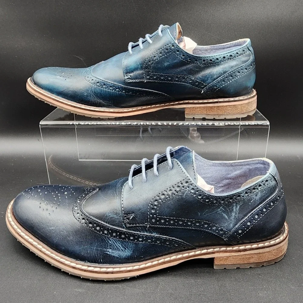 Ben Sherman 12 Blue Distressed Wingtip Oxford Dress Shoes Leather Brogue Dapper